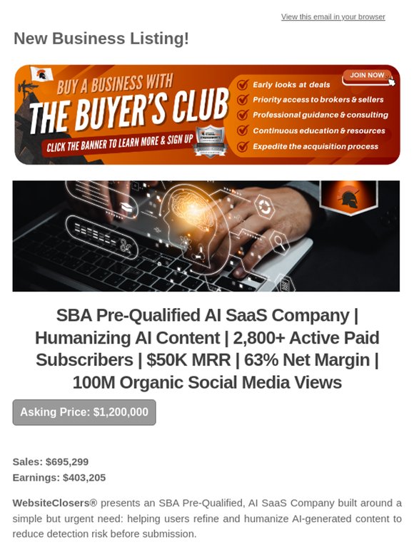 New Deal Alert: SBA Pre-Qualified AI SaaS Company | Humanizing AI Content | 2,800+ Active Paid Subscribers | $50K MRR | 63% Net Margin | 100M Organic