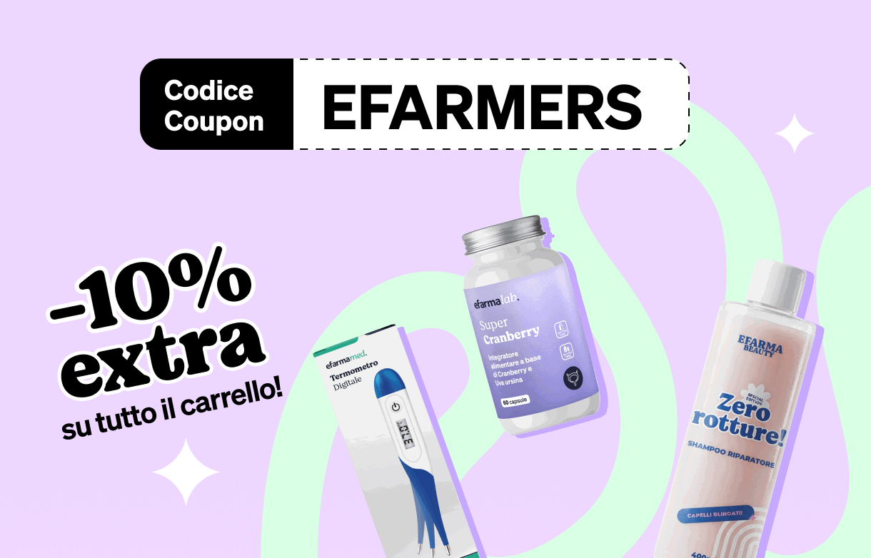 Banner with coupon code EFARMERS and '-10% extra' on all cart items, featuring skincare bottles and supplement jar on a pastel purple background