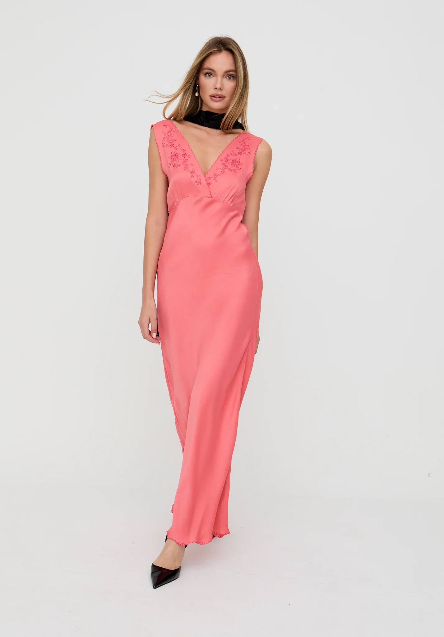 Image of Pandora Bias Cut Sleeveless Embroidered Maxi Dress In Pink
