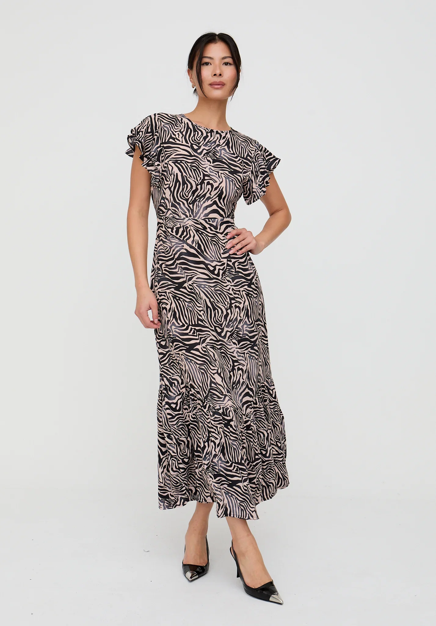 Image of Zelda Tiered Zebra Print Midi Dress In Multi