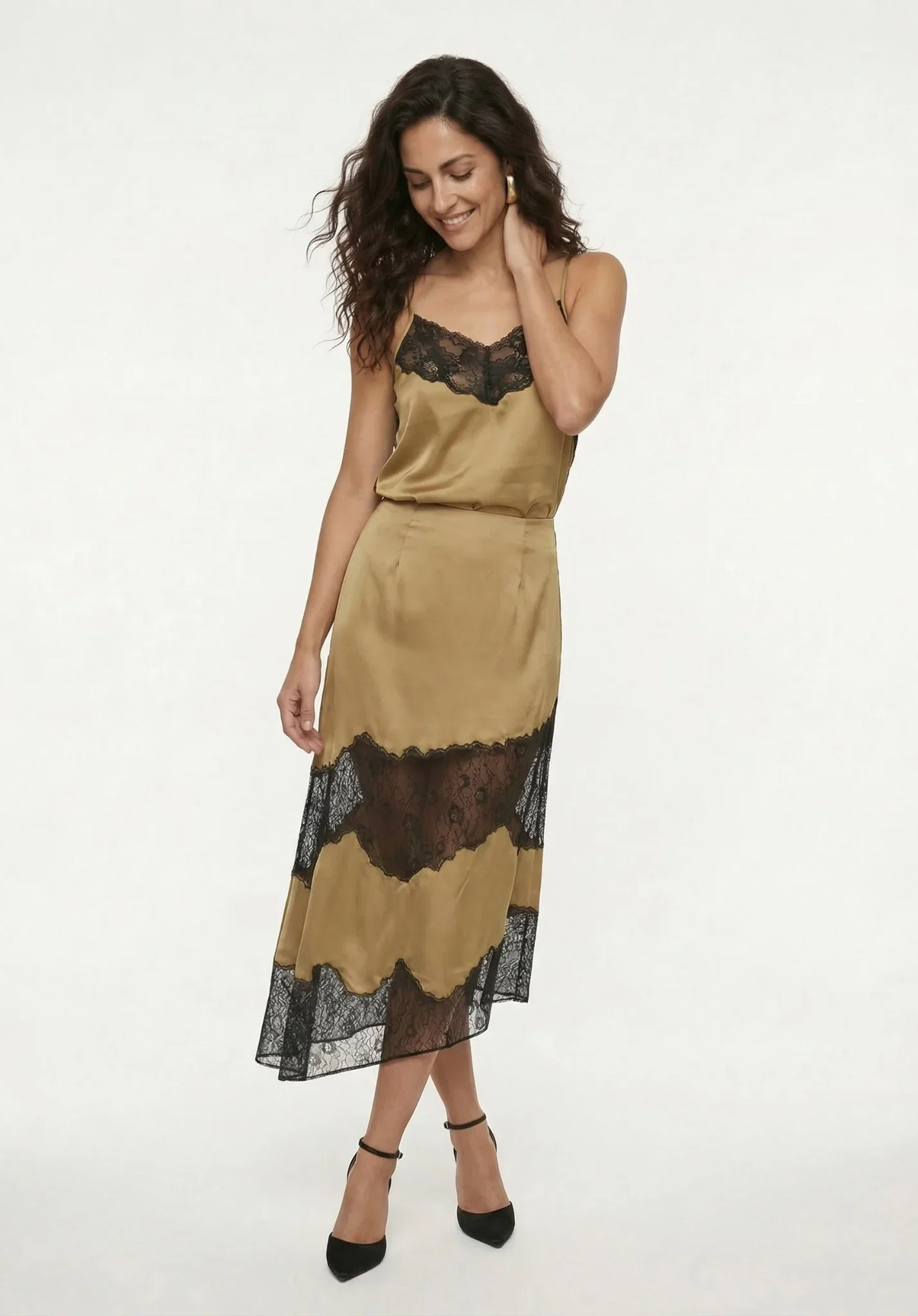Image of PREORDER Elenor Lace Insert Midi Skirt In Black And Olive