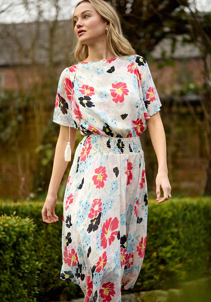 Image of Galaxy Cowl Neck Poppy Print Midi Dress In Multi