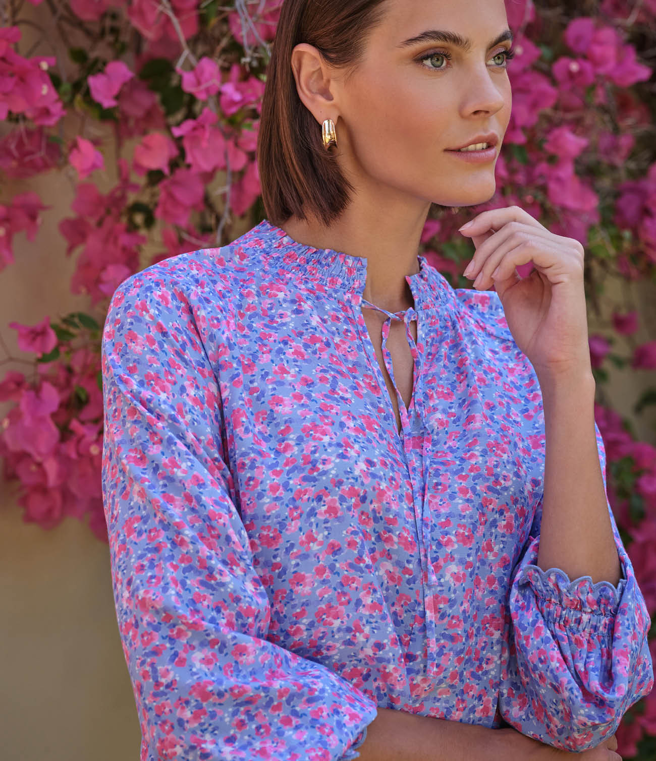 Watercolour Pansy Shirred Neck Blouse