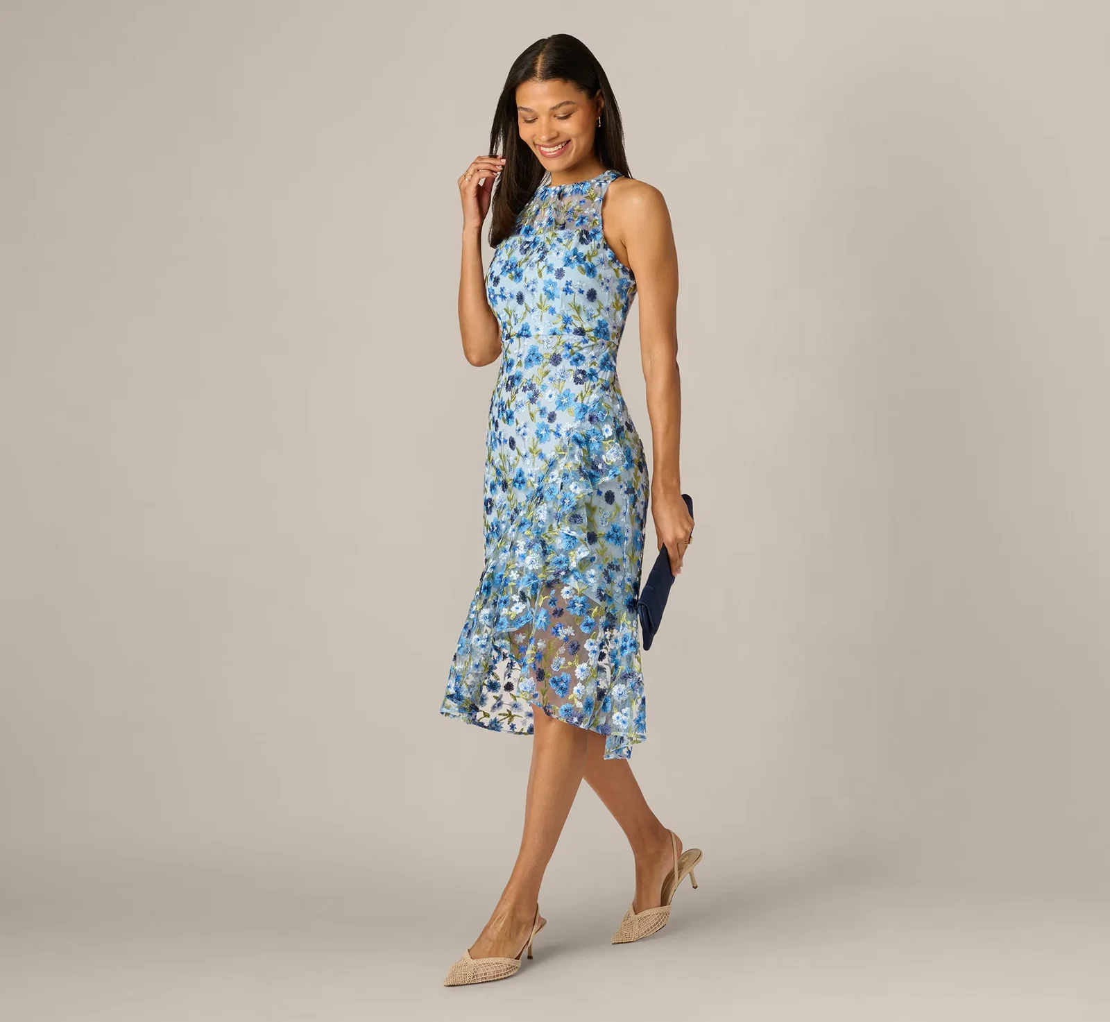 Image of Floral Embroidered Flounce Halter Dress In Blue Multi