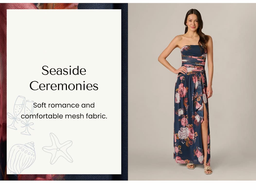 Strapless Ruched Floral Stretch Mesh Gown In Navy Multi