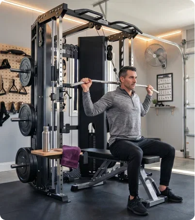 Man in gray workout gear doing pulldowns on Force USA C10 Trainer