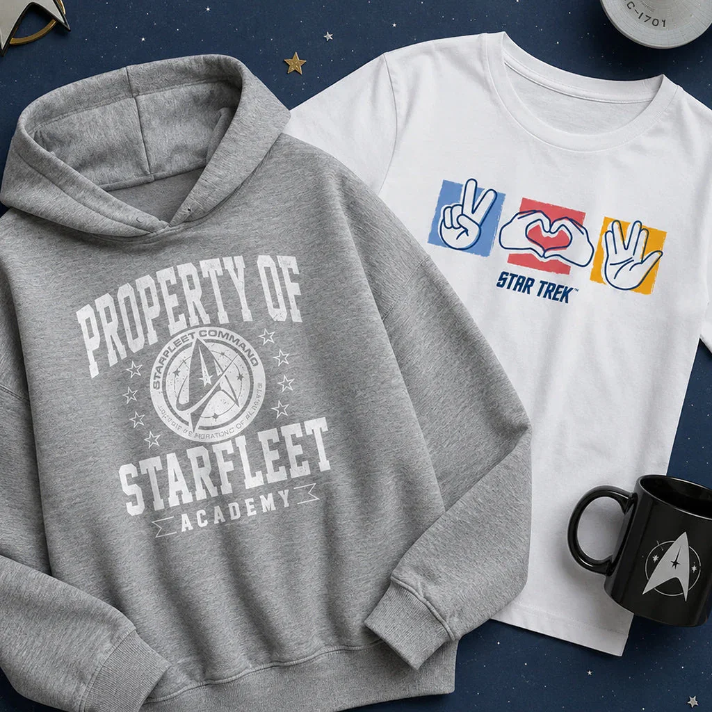 Starfleet Style Expo merchandise display featuring gray hoodie, white t-shirt with hand gestures, black mug, and space-themed accessories.