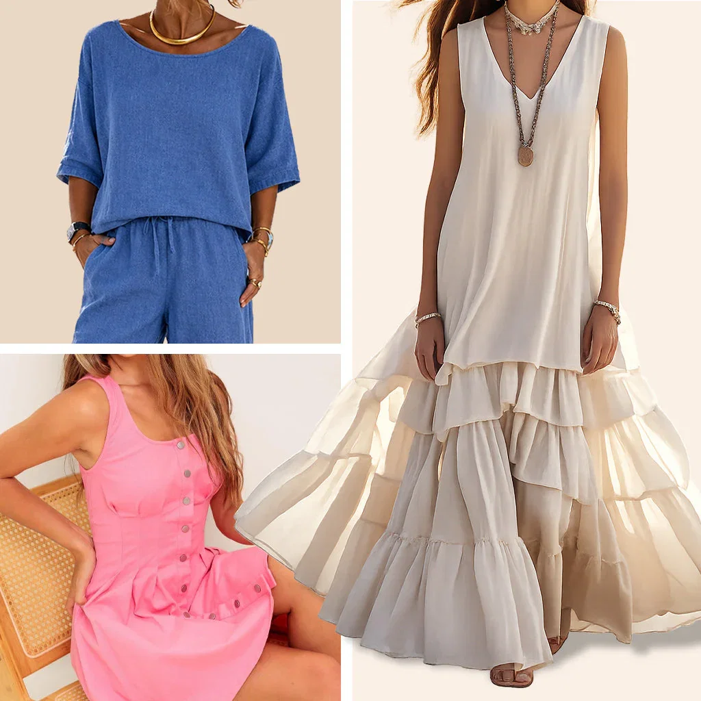 Four women modeling summer dresses: blue casual set, cream tiered maxi dress, pink button-front dress, and lightweight pieces.