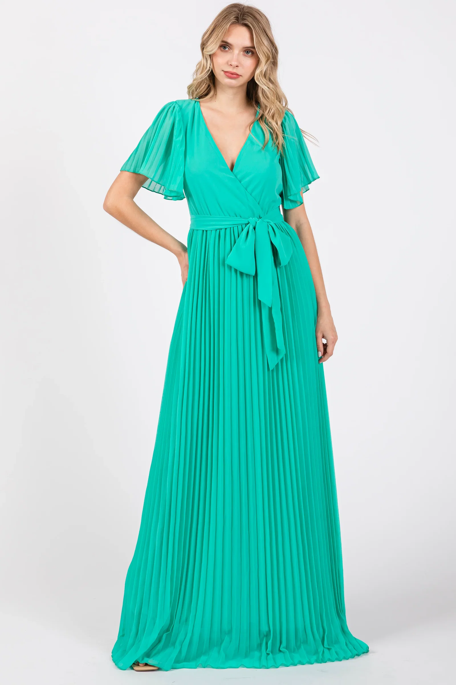 Image of Aqua Chiffon Wrap Front V-Neck Short Sleeve Pleated Maxi Dress