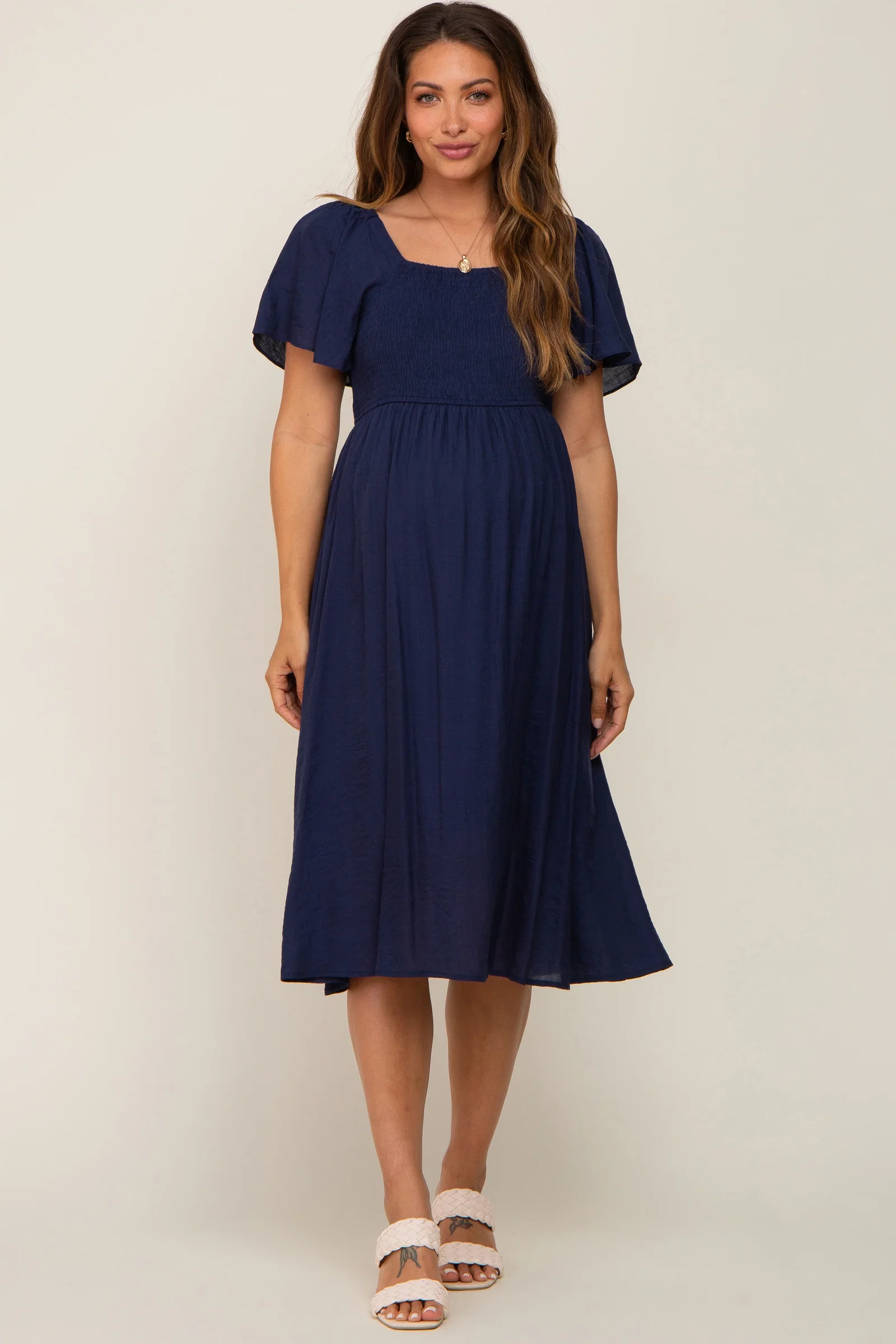 Image of Navy Blue Smocked Square Neck Flutter Short Sleeve Maternity Midi Dress