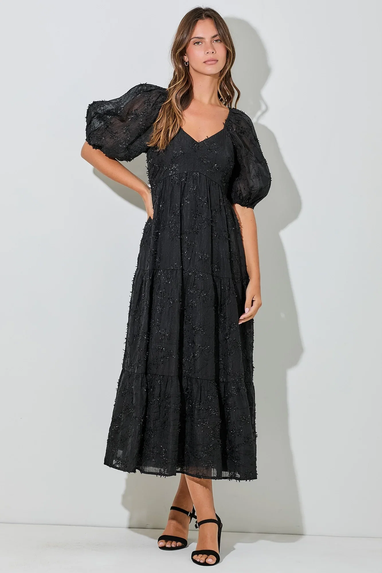 Image of Black Embroidered Floral Overlay Midi Dress