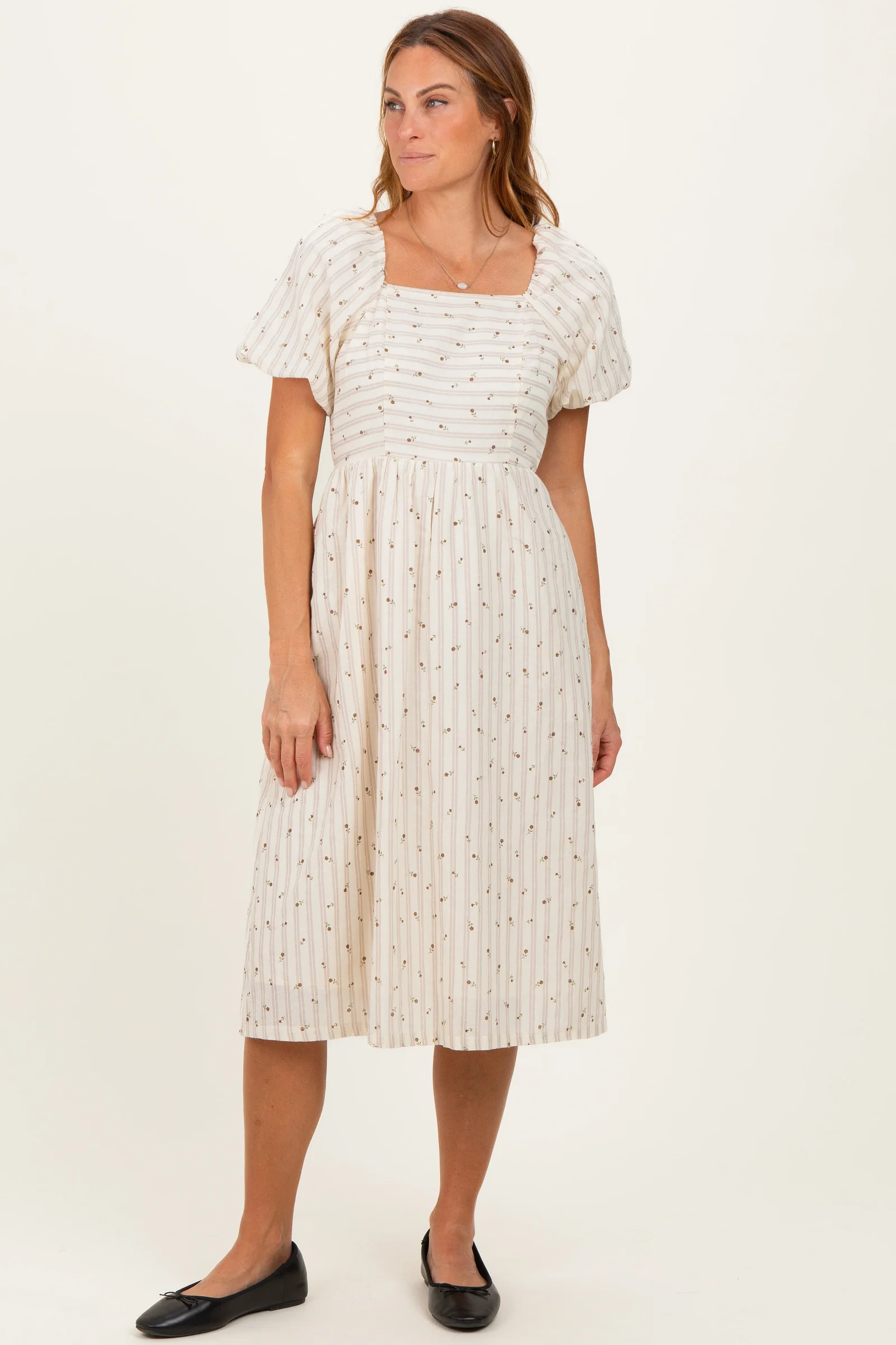Image of Beige Square Neck Striped Dress