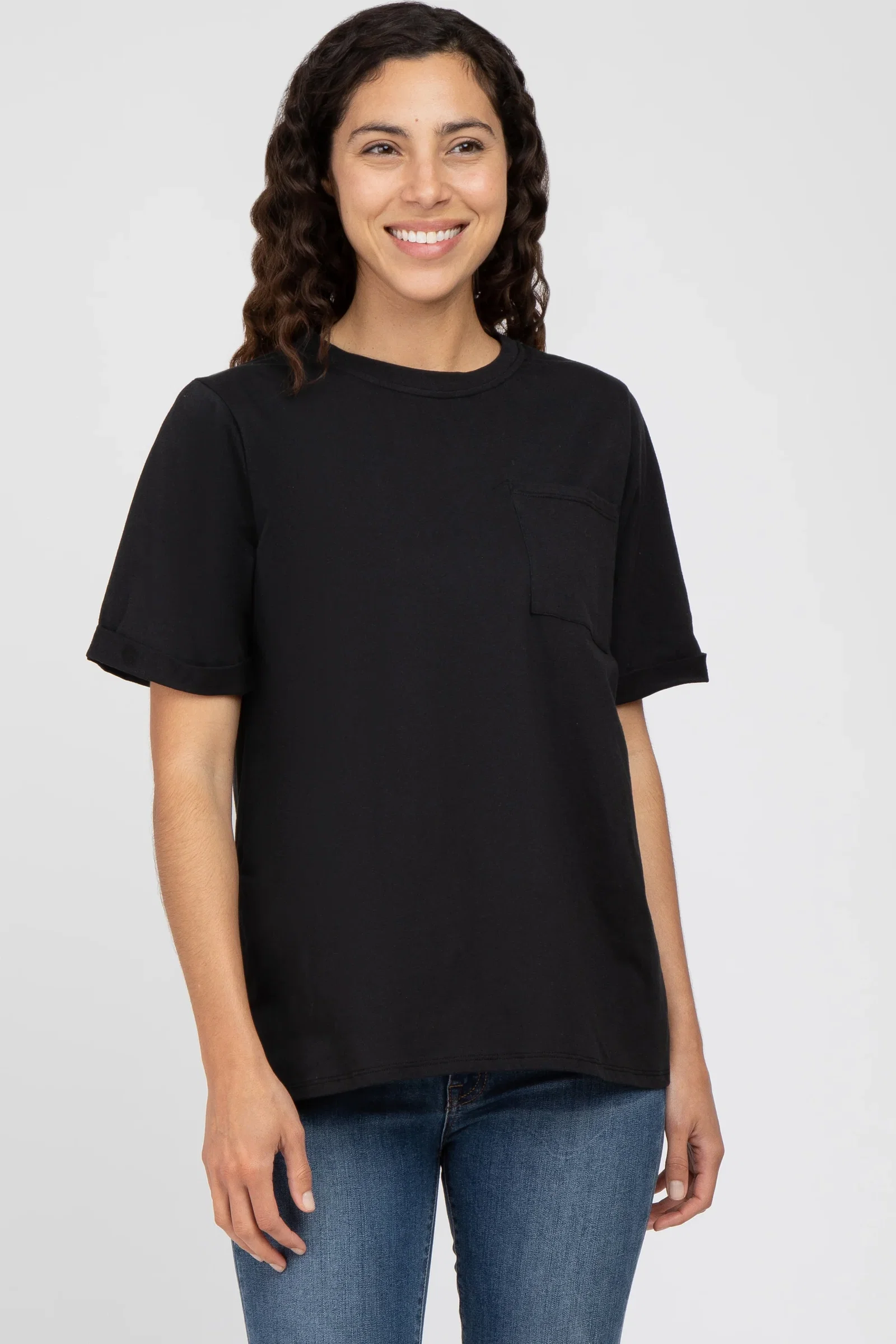 Image of Black Oversized Pocket Front Short Sleeve Top