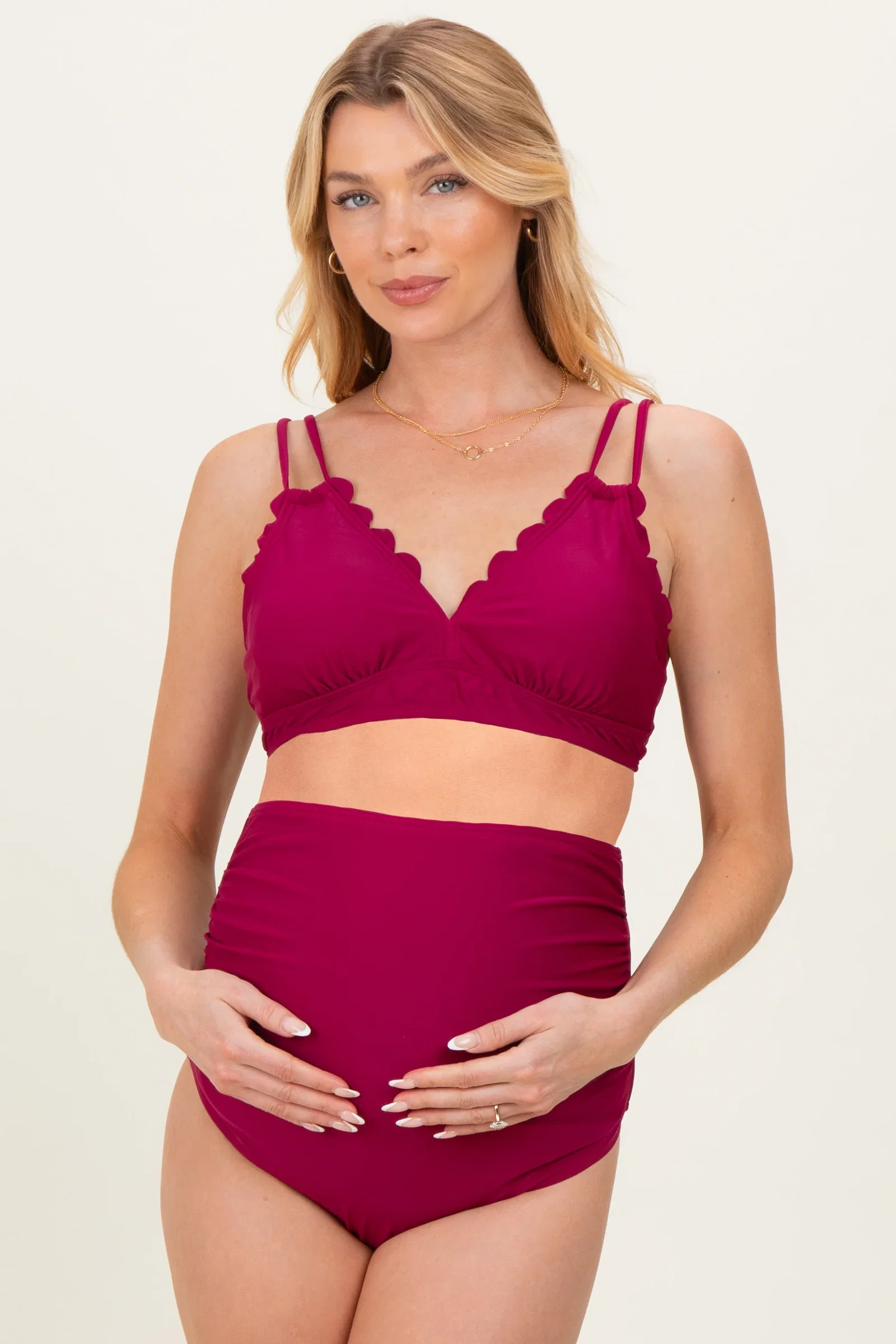 Image of Burgundy Scalloped V-Neck High Waist Two-Piece Maternity Swimsuit