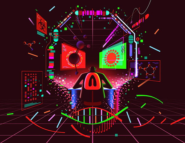 A stylised illustration of a researcher at a workstation surrounded by digital screens, molecular diagrams and biohazard symbols that merge to form a sinister skull shape.