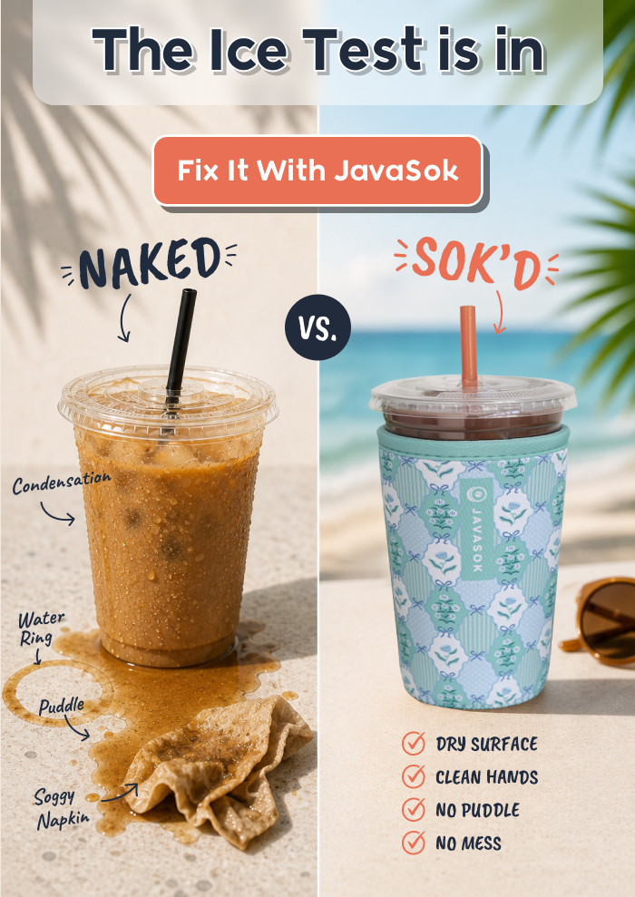 JavaSok keeps drinks dry and puddle-free.