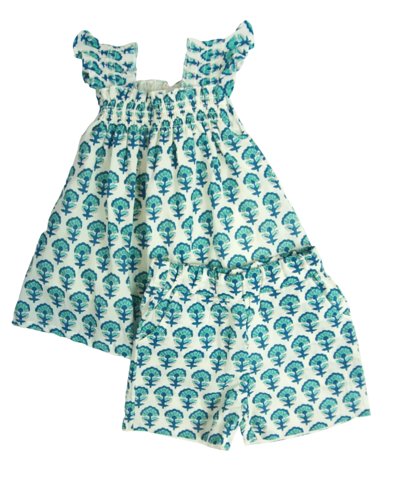 Image of Blue Poppy Block Print Angel Sleeve Shorts Set