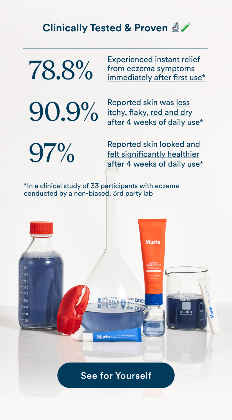 Clinical results graphic titled “Clinically Tested & Proven.” Statistics highlight eczema-related improvements, including “78.8% experienced instant relief from eczema symptoms immediately after first use,” “90.9% reported skin was less itchy, flaky, red and dry after 4 weeks of daily use,” and “97% reported skin looked and felt significantly healthier after 4 weeks of daily use.” Scientific lab props, a lobster claw, Marin cream, and Marin lip treatment are displayed at the bottom above a “See for Yourself” button.