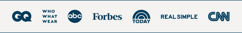 Press logo banner featuring publications and media outlets including GQ, Who What Wear, ABC, Forbes, Today, Real Simple, and CNN on a light gray background.