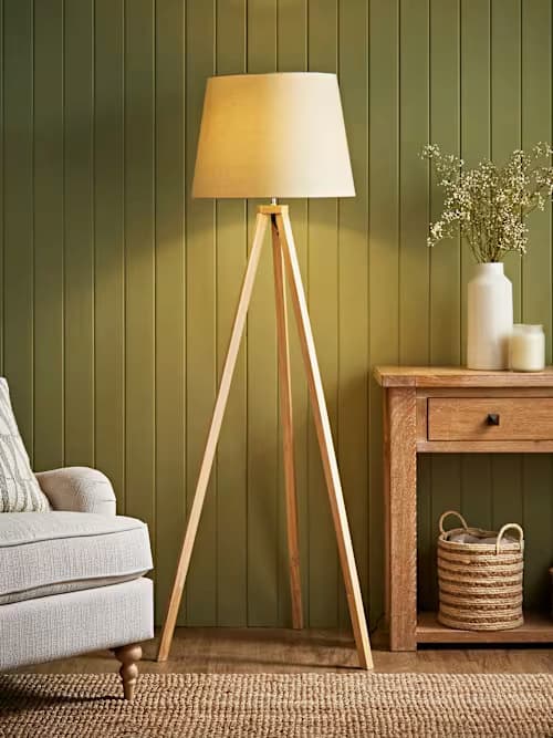 Barbro Light Wood Tripod Floor Lamp with Large Beige Tapered Shade
