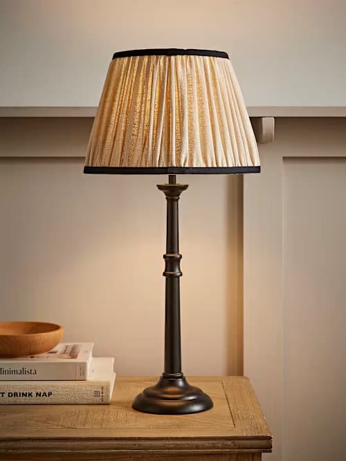 Clara Black Candlestick Table Lamp with Pleated Linen Shade