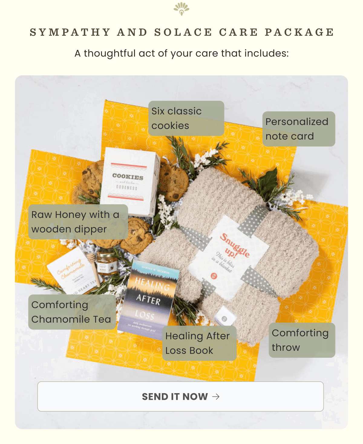 SYMPATHY AND SOLACE CARE PACKAGE | A thoughtful manifestation of your care that includes: | SEND IT NOW