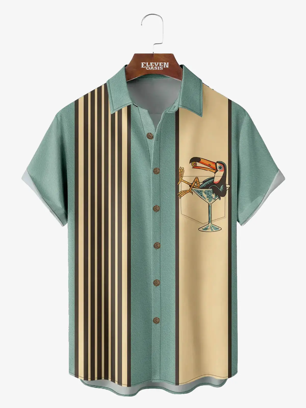 Image of Men's Striped Everyday with Toucan in a Cocktail Glass Short Sleeve Casual Shirt