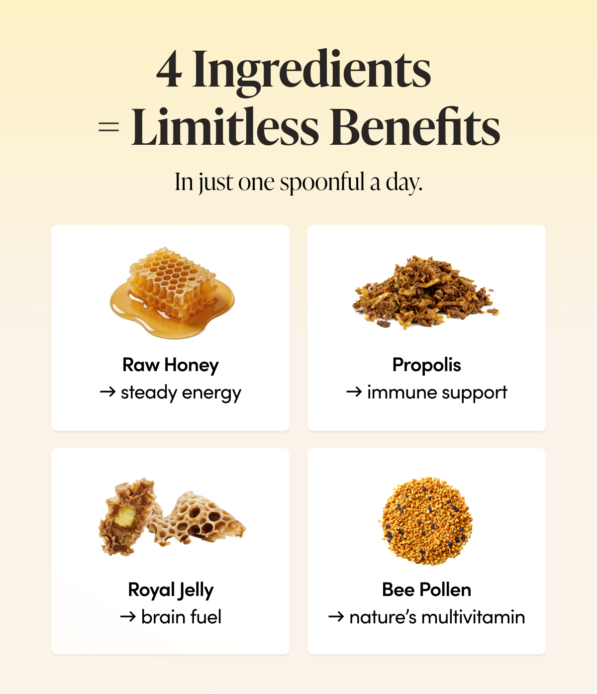 4 Ingredients = Limitless Benefits       In just one spoonful a day.      Raw Honey → steady energy   Propolis → immune support  Royal Jelly → brain fuel   Bee Pollen → nature’s multivitamin 