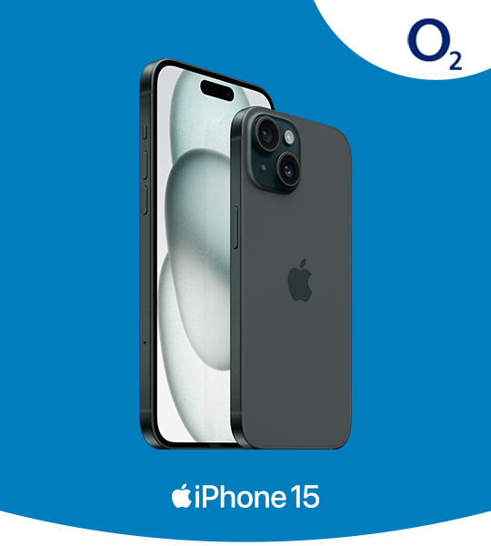 An iPhone 15 against a dark blue background