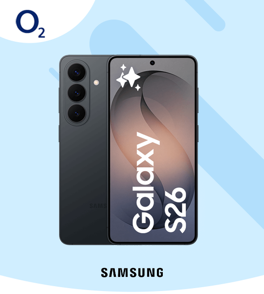A Samsung Galaxy S26 against a light blue background
