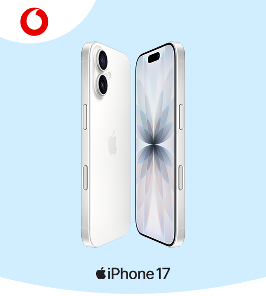 An iPhone 17 against a light blue background