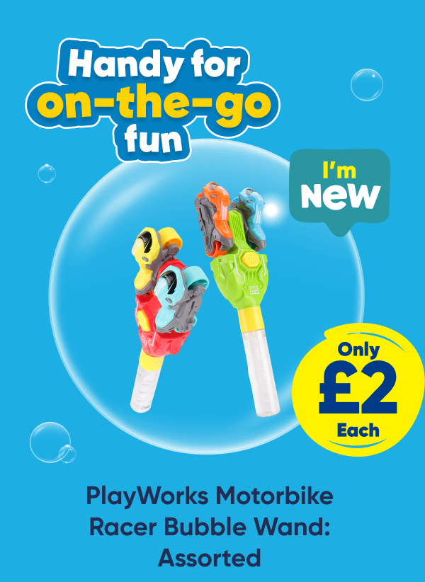 PlayWorks Motorbike Racer Bubble Wand: Assorted - Only £2 each. Handy for on-the-go fun. I'm New