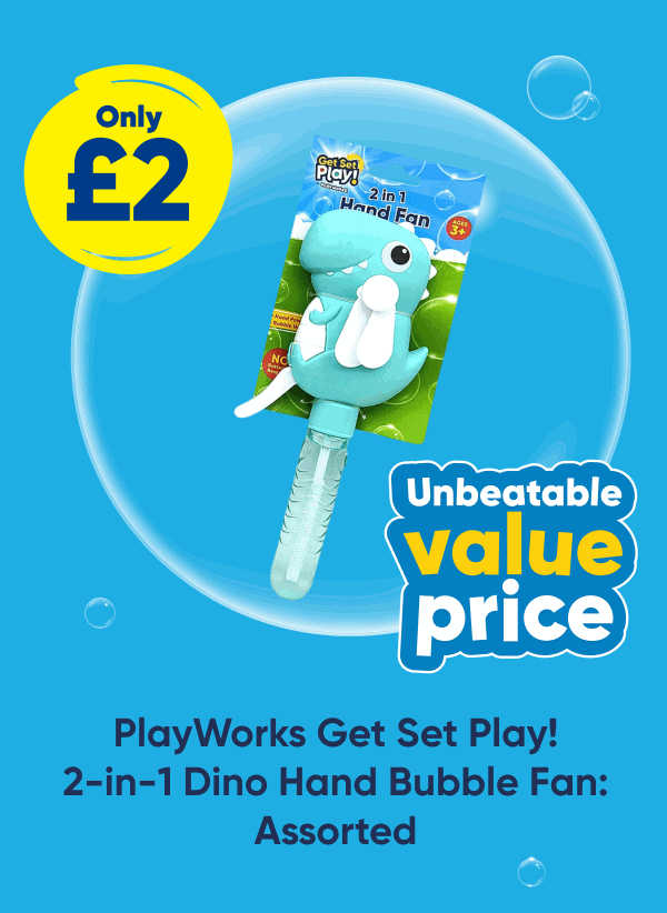 PlayWorks Get Set Play! 2-in-1 Dino Hand Bubble Fan: Assorted - Only £2. Unbeatable value price 