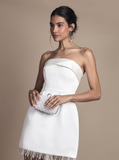 Strapless Satin Mini Wedding Dress with Hem Pearl Trim