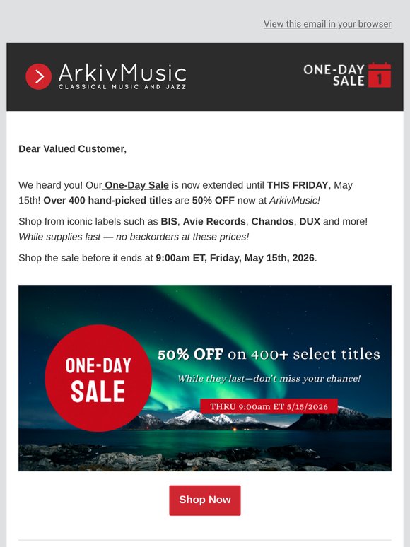 ONE-DAY SALE EXTENDED at ArkivMusic!