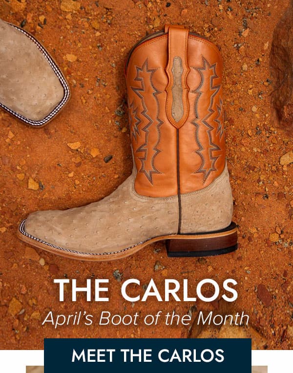 The Carlos. April's boot of the month. Meet the Carlos. Carlos boot laying on sand.