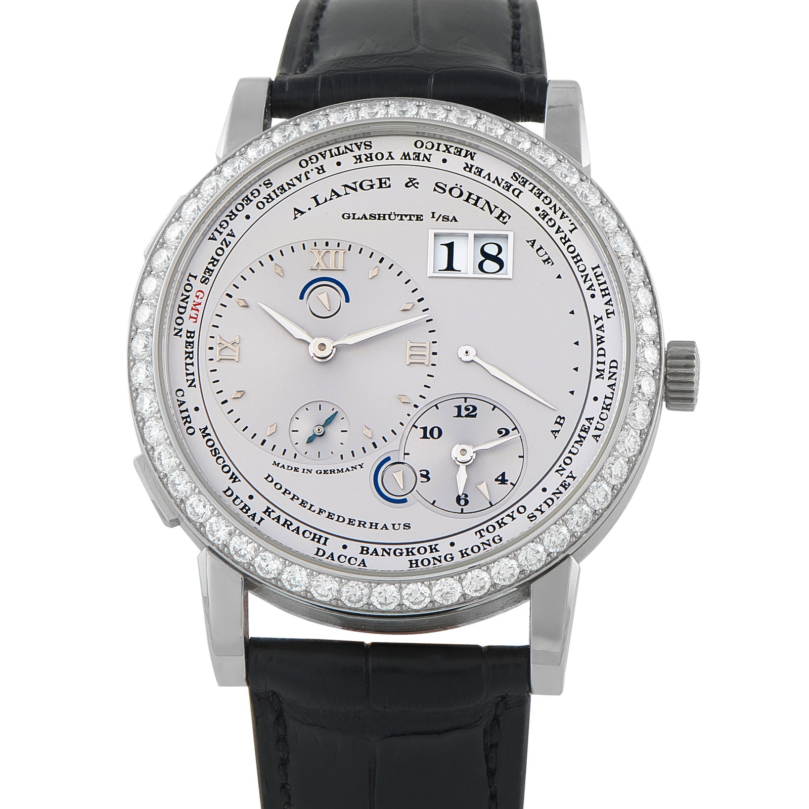 A. Lange & Sohne Lange 1 Time Zone Diamond Bezel Platinum Watch 816.025