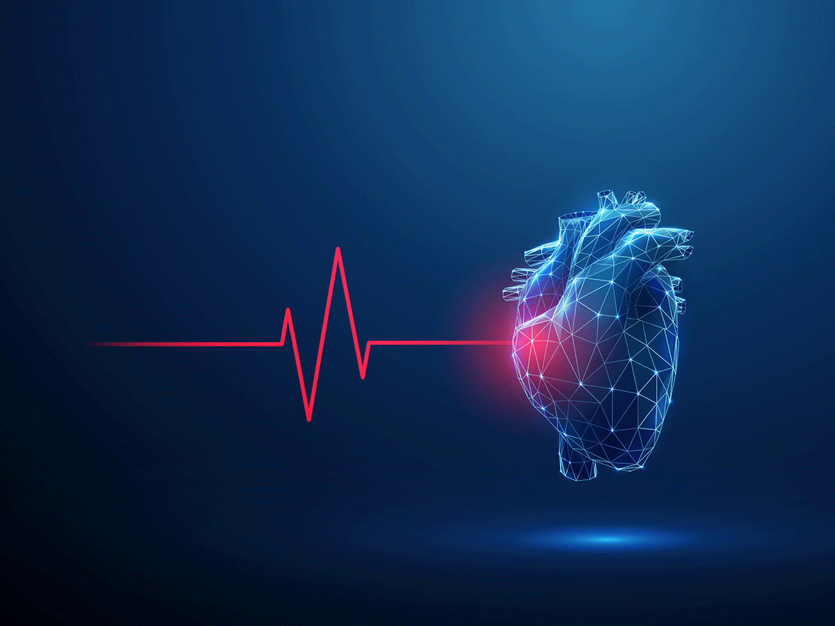 Abstract blue human heart with red cardio pulse line and red circle