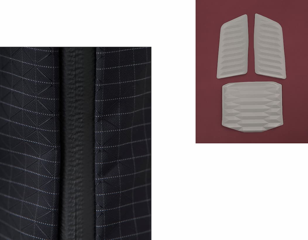 Close up detail shots of backpack materials and back panels