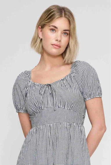 Kaitlyn Black Cotton Gingham Check Midi Dress