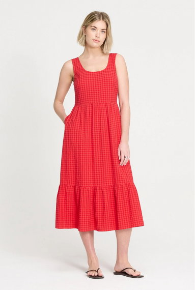 Cara Pink Gingham Seersucker Tiered Midi Dress