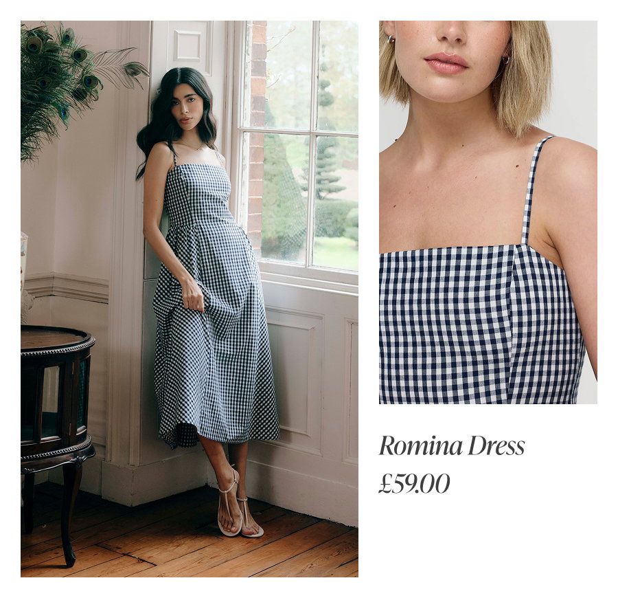 Romina Navy Cotton Gingham Fitted Midi Dress