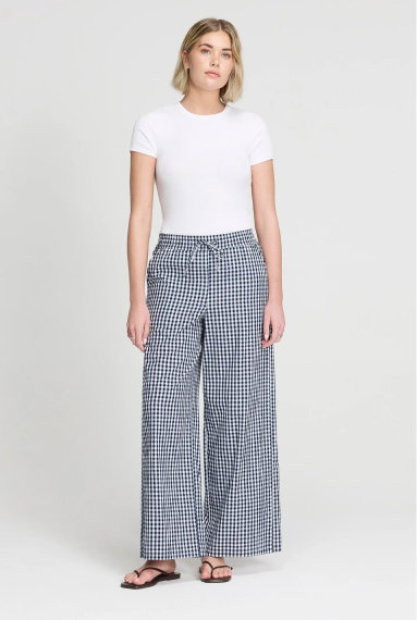 Dixie Navy Cotton Gingham Wide Leg Drawstring Trousers