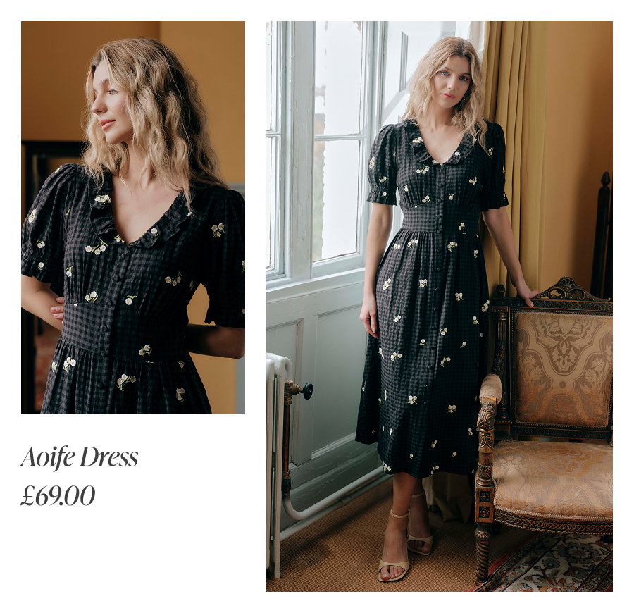 Aoife Black Embroidered Gingham Seersucker Midi Dress