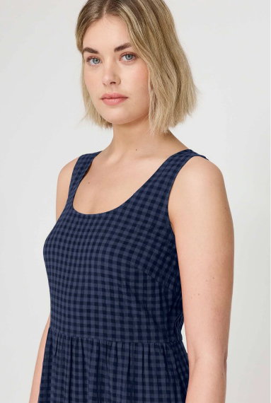 Cara Navy Gingham Seersucker Tiered Midi Dress