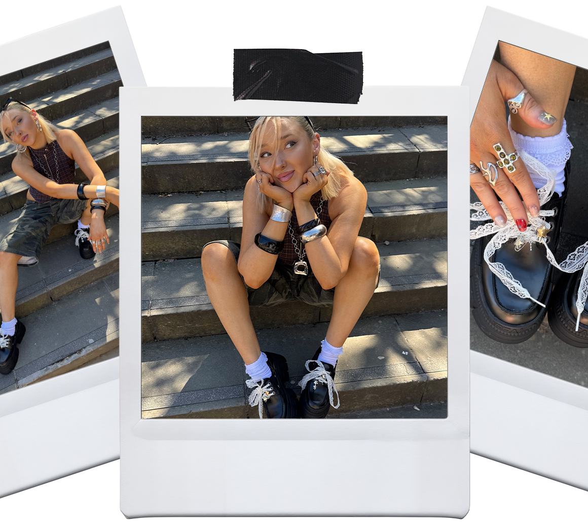 Collage-style image showing a person sitting on outdoor steps, wearing black platform shoes with charm details, styled with accessories.