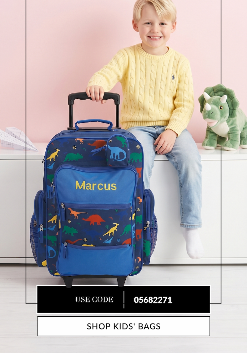 Pack Their Next Adventure Kids’ rolling luggage + matching bags they’ll love $4.99 Shipping + 15% Off Any Order Use Code 05682271
