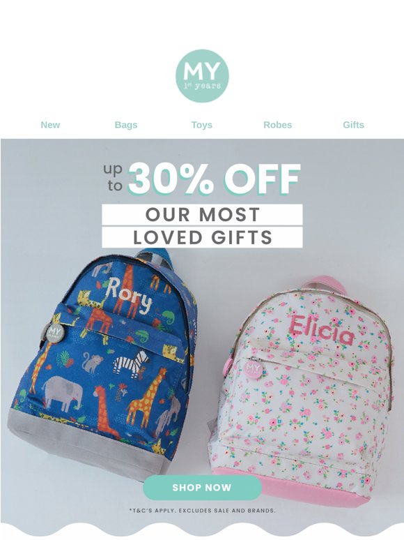 Up to 30% off: From 1st Toys to 1st Backpacks