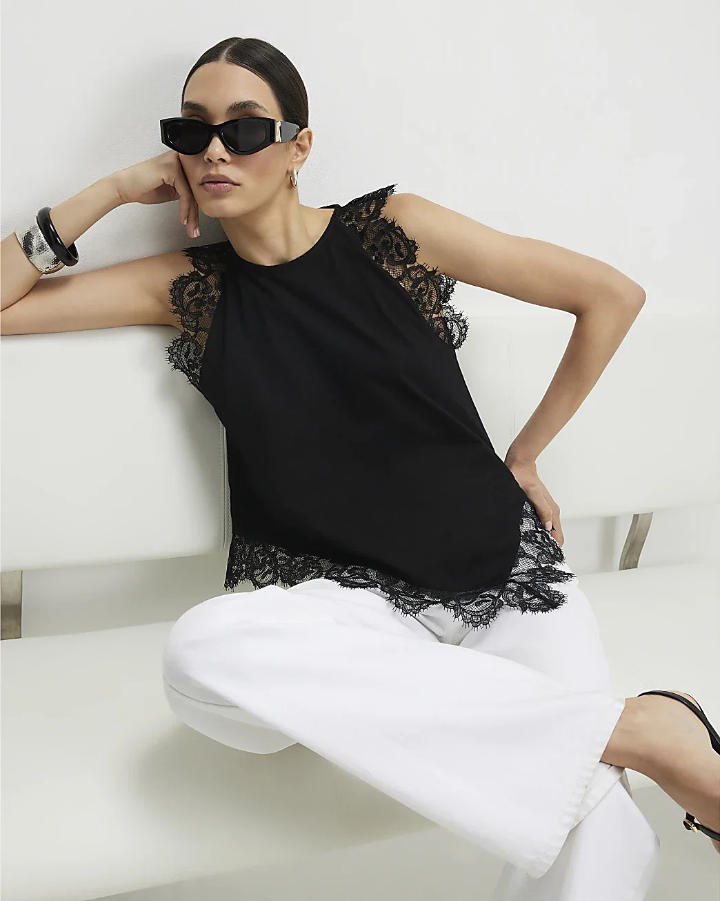 Womens Black Cotton Asymmetric Lace Trim Top