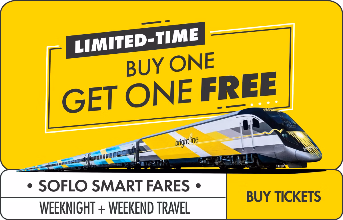 Promotional graphic advertising a limited-time buy one get one free train fare. A modern passenger train with yellow and white accents is shown on the right side against a bright yellow background. A call to action button invites the audience to buy tickets.